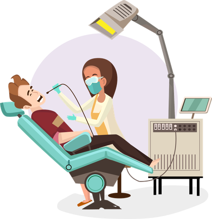 Mujer dentista sostiene herramientas y examina los dientes Paciente mirando a la boca  Ilustración