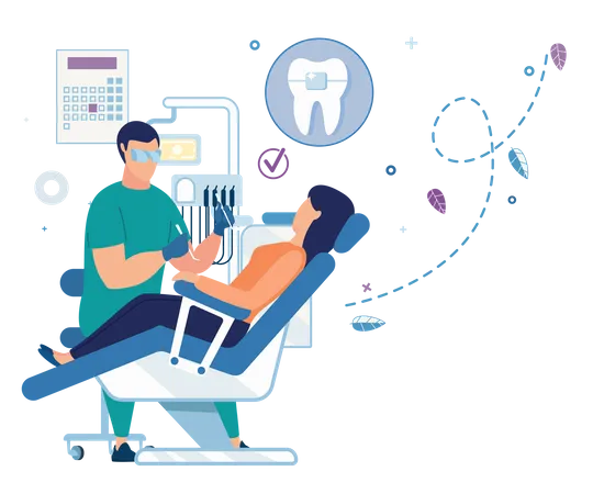 Dentista tratando al paciente en la clínica dental.  Ilustración