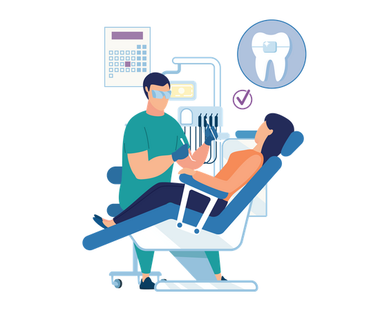 Dentista tratando o paciente na clínica odontológica  Ilustração