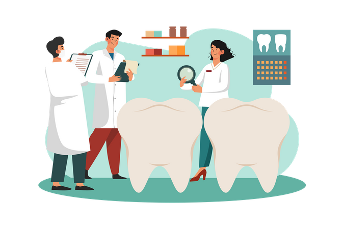 Dentistas discutem técnicas dentárias na clínica  Illustration