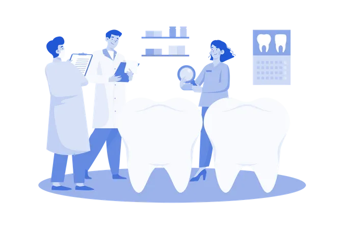 Los dentistas discuten técnicas dentales en la clínica.  Ilustración