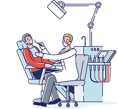 Dentistas masculinos examinando paciente deitado na cadeira  Ilustração