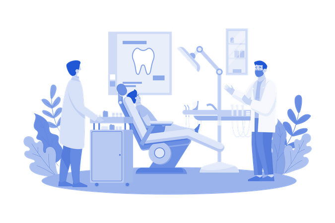 Dentistas tratando os dentes dos pacientes na clínica  Ilustração