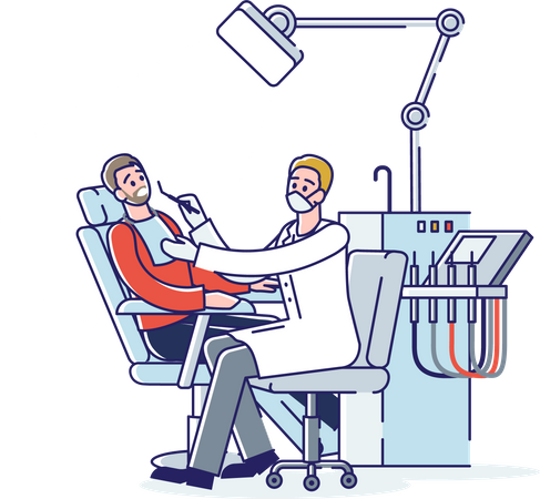 Dentistas masculinos examinando al paciente acostado en una silla  Ilustración
