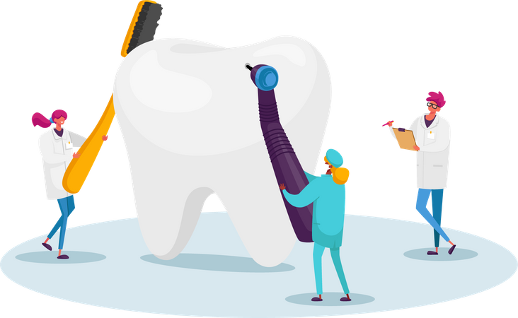 Dentistas verificando dente em busca de buraco de cárie na placa  Ilustração