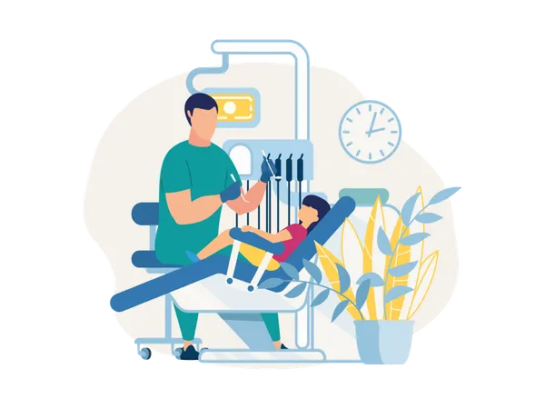 Dentiste avec des outils dentaires vérifiant les dents  Illustration