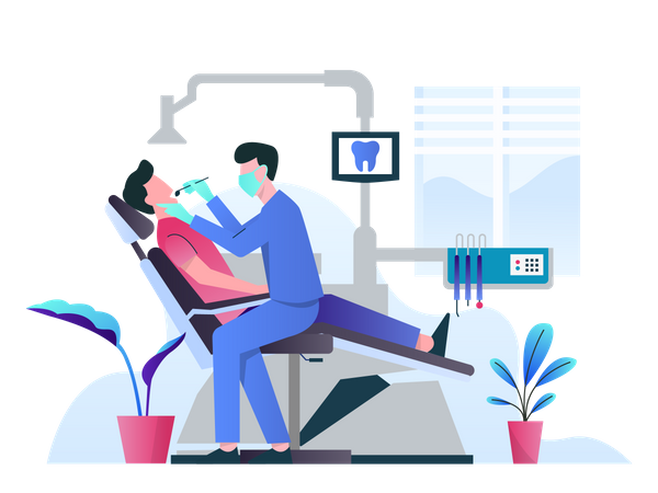 Dentiste masculin faisant un traitement au patient  Illustration