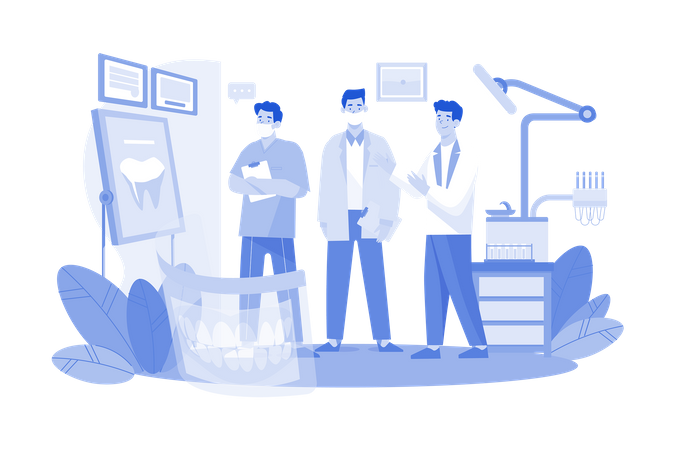 Dentists demonstrating patient jaw x-ray on board  Illustration