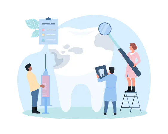 Caries Treatment Stomatology Vector Illustration Cartoon Tiny Dentists Take Care Giant Human Tooth People Examine Plaque On Enamel Of Tooth With Magnifying Glass And Xray Treat Dental Problems Illustration