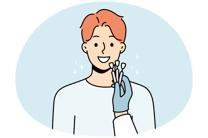 치과의사가 진료실에서 환자의 치아와 베니어를 비교하고 있습니다.  일러스트레이션