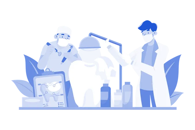 Dentists holding professional stomatology tools and fixing tooth models  Illustration