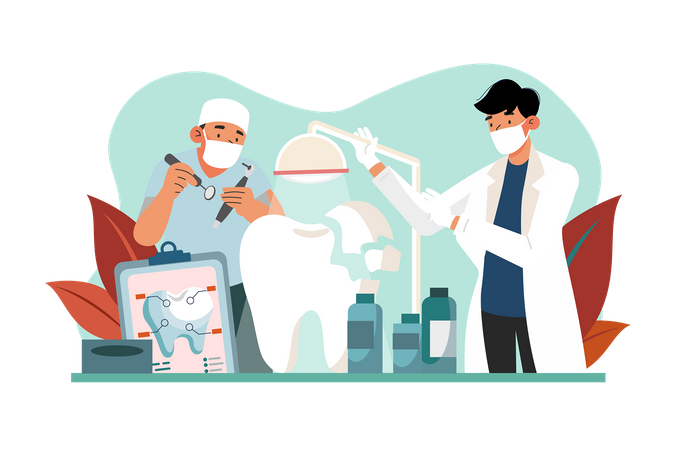 Dentists holding professional stomatology tools and fixing tooth models Illustration