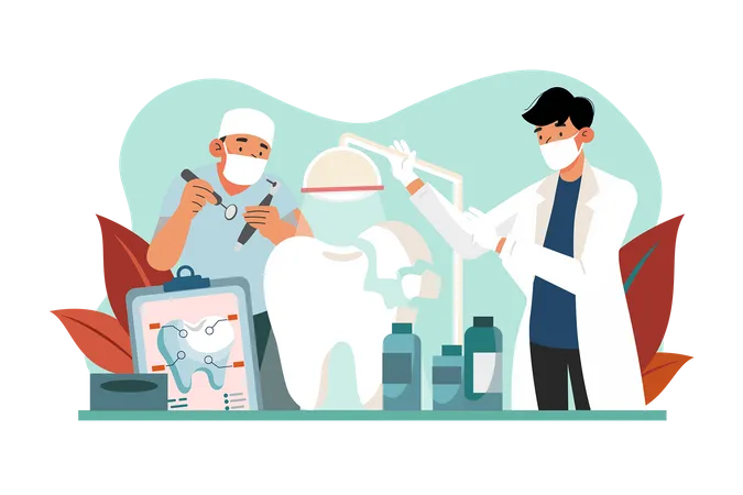 Dentists holding professional stomatology tools and fixing tooth models  Illustration