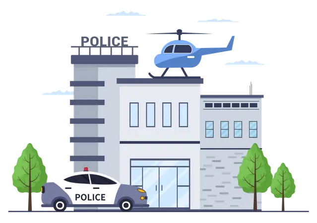 Edificio Del Departamento De La Estacion De Policia Con Policia Y Coche De Policia En Ilustracion De Fondo De Estilo Plano Ilustración