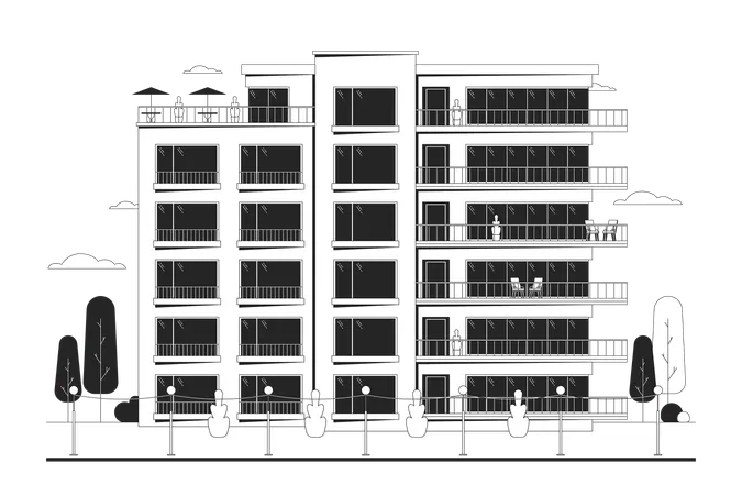 Condominio de pisos con balcones.  Ilustración