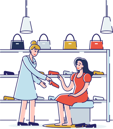 Asistente de tienda ayuda a elegir y probarse zapatos a una mujer en una tienda de calzado  Ilustración