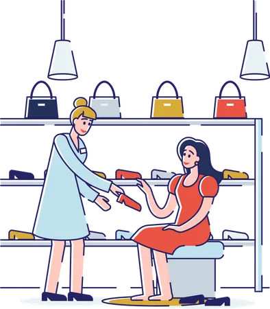 Asistente de tienda ayuda a elegir y probarse zapatos a una mujer en una tienda de calzado  Ilustración