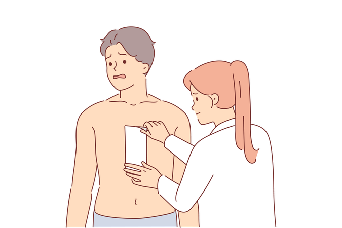Depilation hair on chest of man experiencing pain from tearing wax tape stands near cosmetologist  Illustration