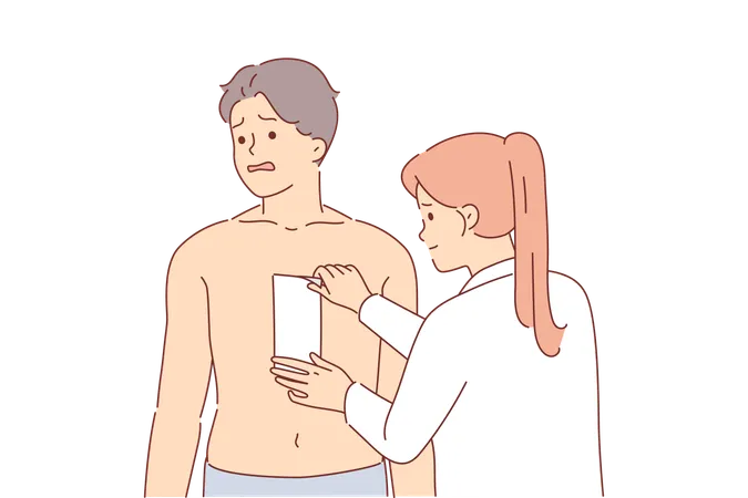 Depilation hair on chest of man experiencing pain from tearing wax tape stands near cosmetologist  Illustration
