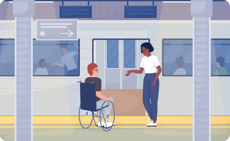 Personne handicapée se déplaçant à la gare  Illustration