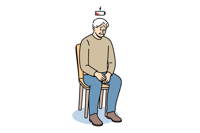 Depletion of vitality felt by elderly man sitting on chair with empty battery above head  Illustration