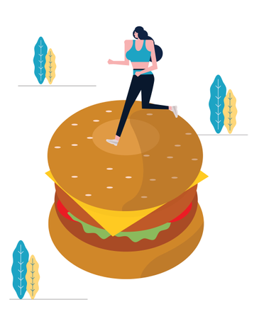 Mujer deportiva corriendo en hamburguesa grande  Ilustración