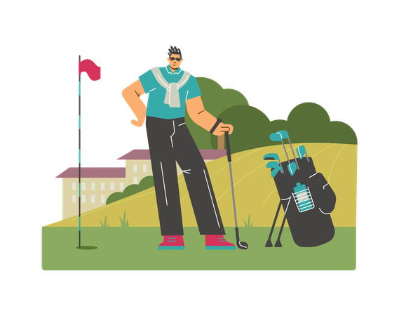 Deportista de pie con bolsa de golf y palos  Ilustración