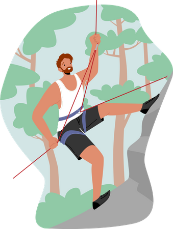 Deportista extremo escalar montaña con cuerda  Ilustración