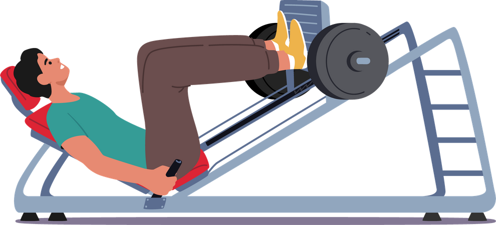 Deportista Powerlifter entrenando piernas acostadas en banco de prensa en gimnasio  Ilustración