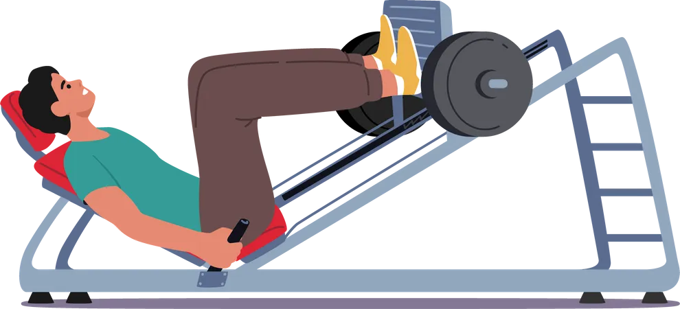 Deportista Powerlifter entrenando piernas acostadas en banco de prensa en gimnasio  Ilustración