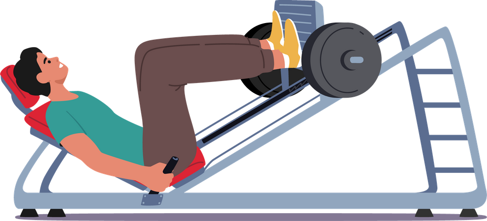 Deportista Powerlifter entrenando piernas acostadas en banco de prensa en gimnasio  Illustration