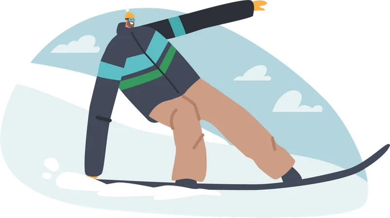 Deporte De Invierno Actividad De Snowboard En La Estacion De Esqui De Montana Recreacion De Deportes Extremos Deportista Barbudo Maduro Con Ropa De Invierno Y Gafas Hace Acrobacias Montando Cuesta Abajo Ilustracion Vectorial De Dibujos Animados Ilustración