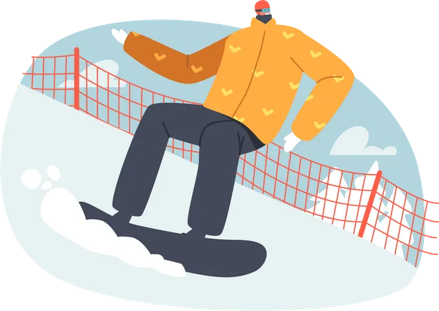 Snowboard Actividad De Deportes Extremos De Invierno En La Estacion De Esqui De Montana Deportista Adulto Vestido Con Ropa De Invierno Y Gafas Montando Cuesta Abajo Por La Nieve Entretenimiento Vacacional Ilustracion Vectorial De Dibujos Animados Ilustración