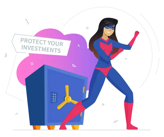 Banking Service Deposit Metaphor Flat Vector Illustration Protect Your Investments Banner Design Element Woman Banker In Hero Outfit Defending Safe Cartoon Character Business Insurance Illustration