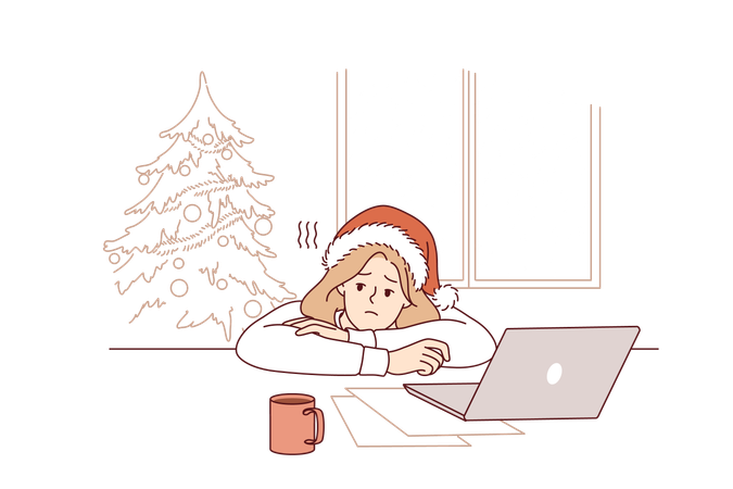 Depressão de Natal em mulher é forçada a trabalhar na véspera de ano novo  Ilustração