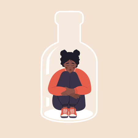 Depressed african Woman sitting on bottom of bottle and hugging her knees  イラスト