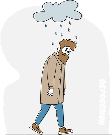 Depressed and Anxious Man of Depression and Anxiety Feel Frustrated Walking under Rainy Cloud Illustration