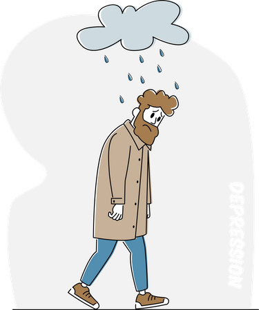 Depressed and Anxious Man of Depression and Anxiety Feel Frustrated Walking under Rainy Cloud  Illustration