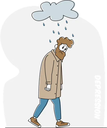 Depressed and Anxious Man of Depression and Anxiety Feel Frustrated Walking under Rainy Cloud  Illustration