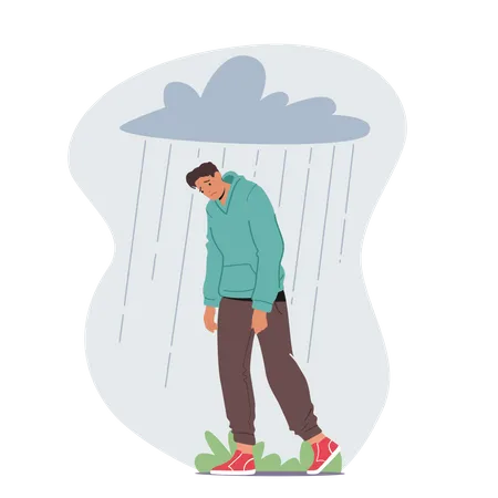 Depressed Anxious Man Suffer Of Depression Or Anxiety Problem Feel Frustrated Walking Under Rainy Cloud Above Head  Illustration