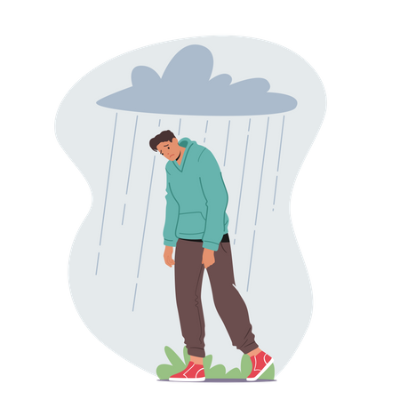 Depressed Anxious Man Suffer Of Depression Or Anxiety Problem Feel Frustrated Walking Under Rainy Cloud Above Head  イラスト