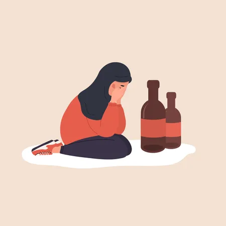 Female Alcoholism Depressed Arabian Woman Sitting On Floor And Crying Girl Suffering From Hard Drinking Alcoholism Effects Alcohol Abuse Vector Illustration In Flat Cartoon Style Illustration