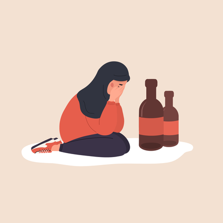 Depressed arabian woman sitting on floor and crying  Illustration