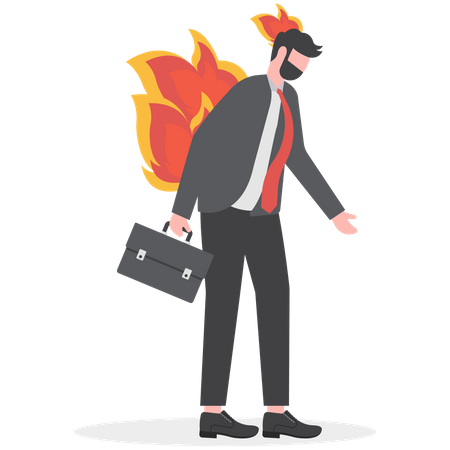 Depressed businessman office worker with fire burn on his head and suit  Illustration