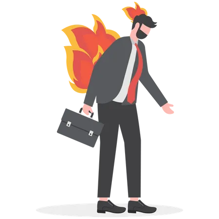 Depressed businessman office worker with fire burn on his head and suit  Illustration