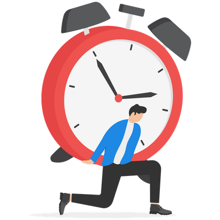 Depressed businessman salary man carry heavy big clock burden  Illustration
