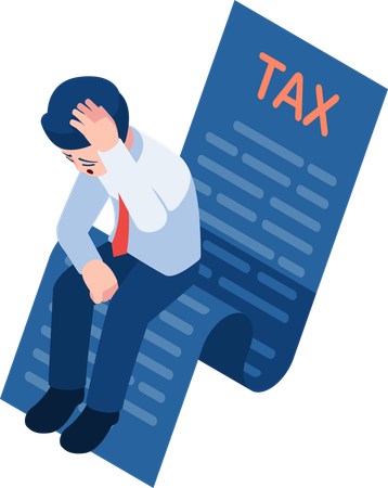 Depressed Businessman Sitting on Tax Document  Illustration