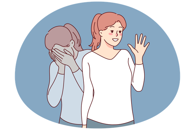 Depressed girl pretend to be happy  Illustration
