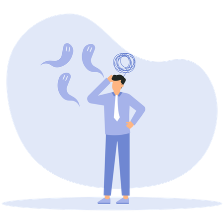 Depressed girl with anxiety and scary fantasies feeling sorrow and fears and sadness concept  Illustration