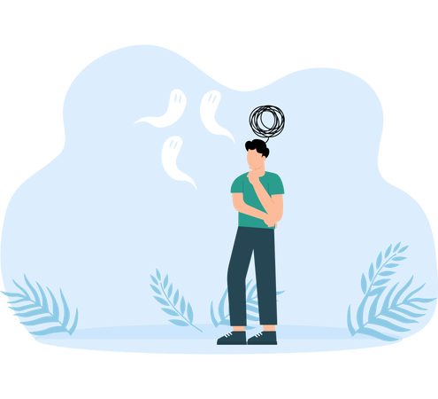 Depressed girl with anxiety and scary fantasies feeling sorrow and fears and sadness  Illustration